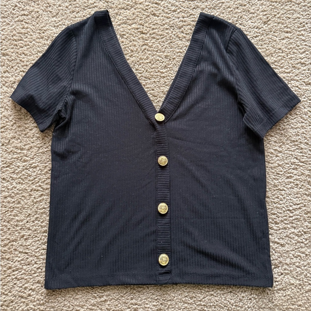 Zara Black Ribbed Button-Down Shirt with Gold Accents